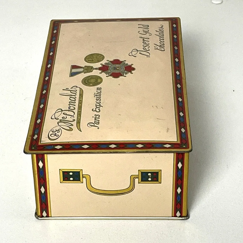 Vintage Chocolate Tin Box Hinged Lid J G McDonald's Paris Exposition Desert Gold
